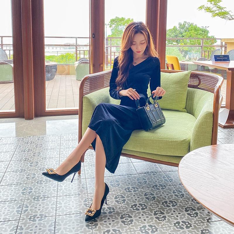 Autumn new high heels women's thin heels sexy women's square buckle large size versatile single shoes Huizhou women's shoes fashion