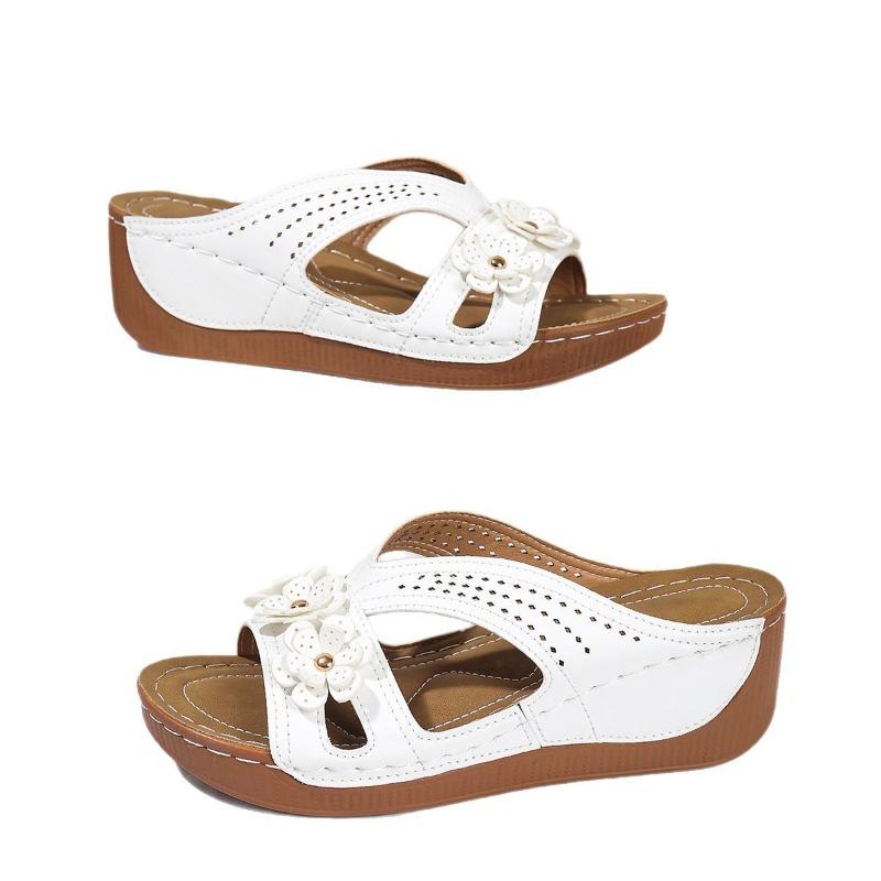 Damen Übergröße Hollow Flower Flache Pantoletten, Sommer Schuhe mit Einzelriemen