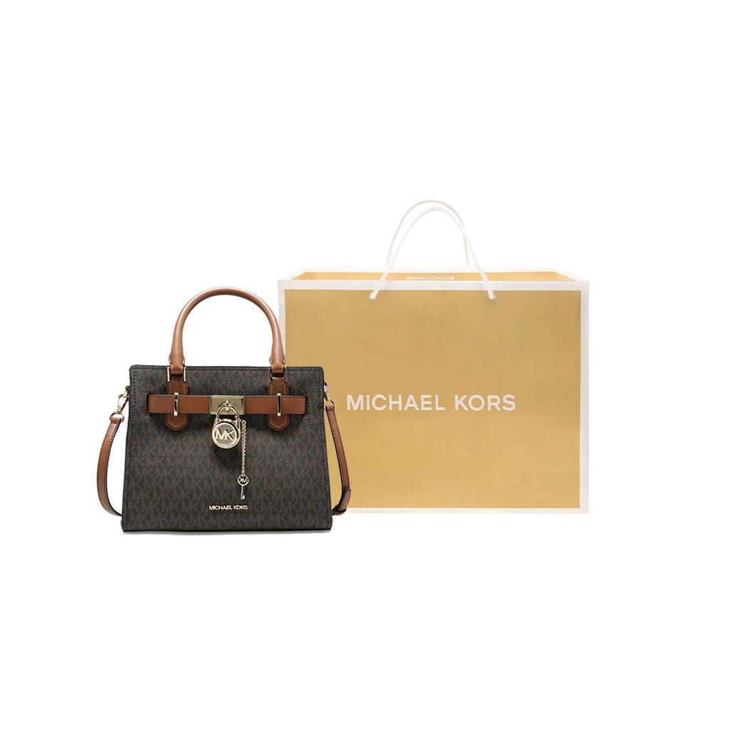 Michael Kors MK Hamilton Monogram Commuter Fashion Design Leather And Synthetic Leather Shoulder Crossbody Tote Bag Small 35F1GHMS1B-BROWN