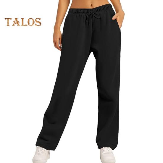 Spodnie damskie Średni stan Elastyczna talia Regulowane ściągacze Długie spodnie Jednolity kolor Proste szerokie nogawki Spodnie sportowe na jesień i zimę