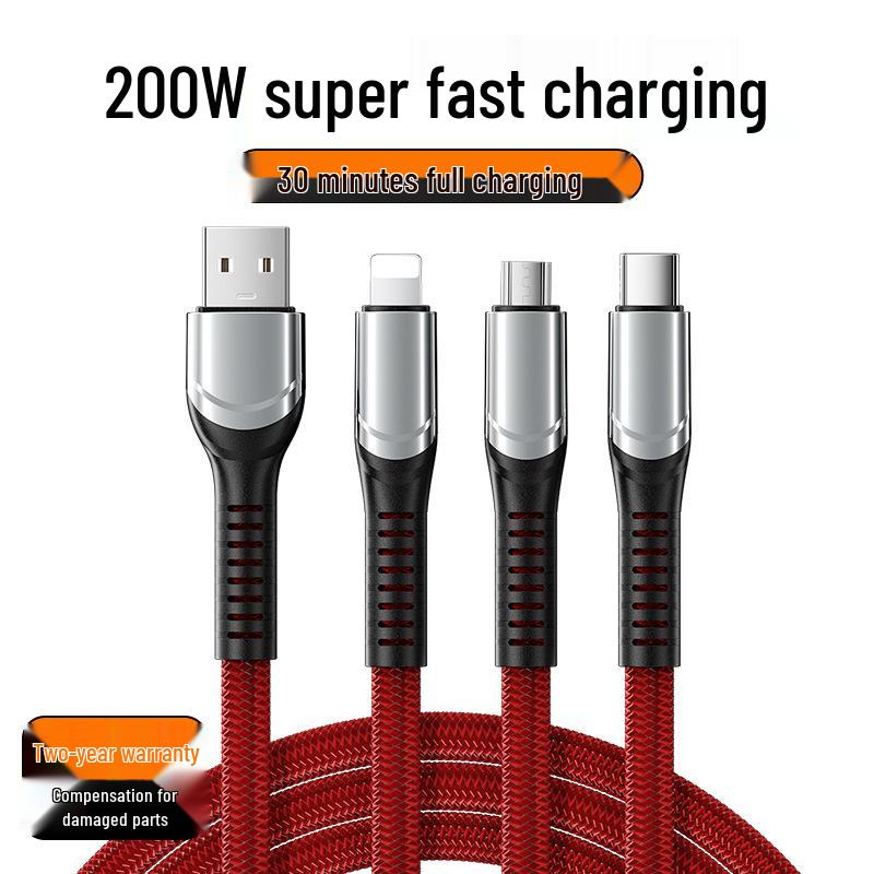 Shun Wang Shun 240W 3-in-1 Braided Data Cable, Super Fast 6A Charger for Apple & Huawei Devices Morning Red - 3-in-1