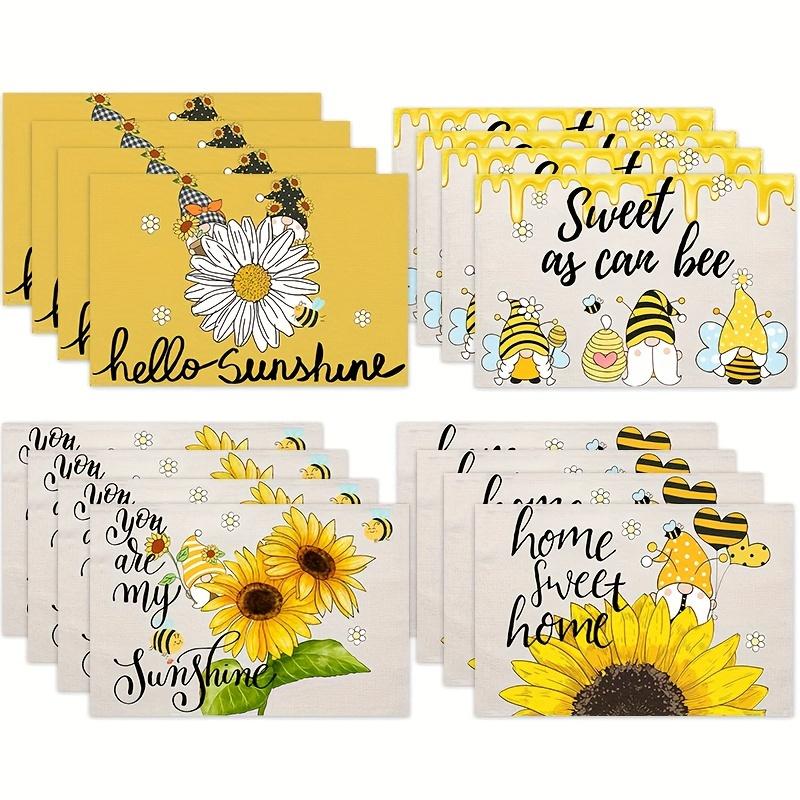 4PC Spring Sunflower Floral Pattern Festive Placemats, Home Dining Table Mats Set, "Sweet As Can Bee" & "Hello Sunshine" Design