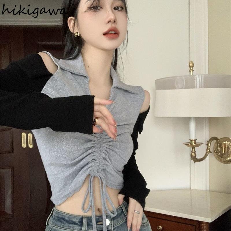 

Сексуальна жіноча футболка з V-подібним вирізом і довгим рукавом на зав’язках Футболка з відкритими плечима з видаленими плечима Топи Y2k Модна повсякденна корейська футболка XL сірий колір