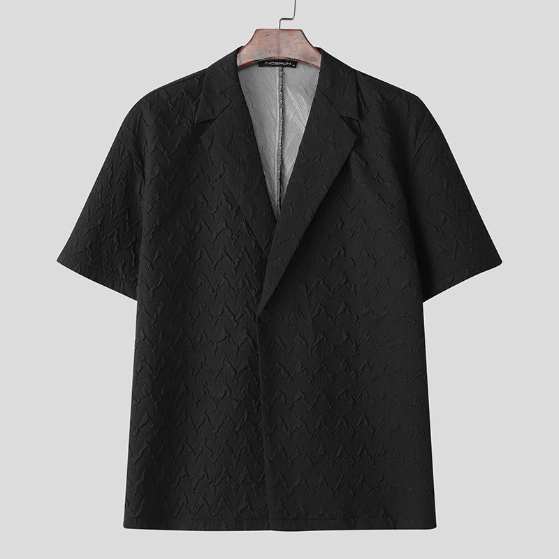 

INCERUN свободные мужские летние отложной воротник короткий рукав текстура пуговицы повседневные рубашки S чёрный