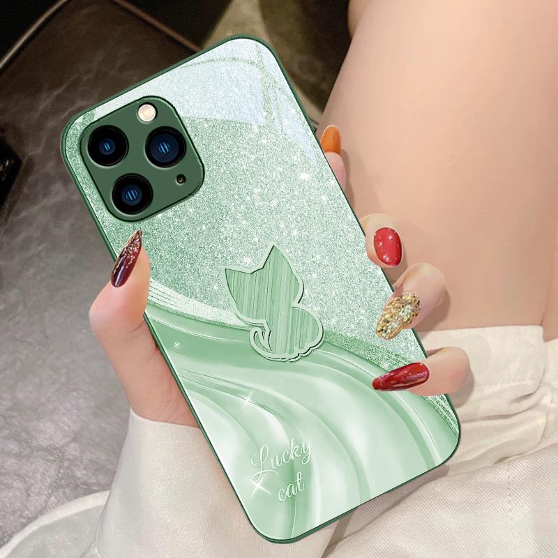 Sparkling Diamond Cat For IPhone 16 Pro Max 15 Pro 14 13 12 Mini 11 XS Max XR 7 8 Plu SE 2022 Tempered Glass Phone Case