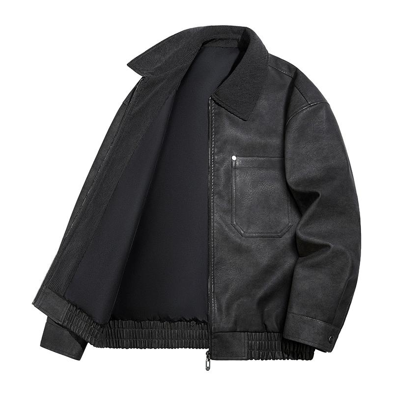 Men Lapel Collar Corduroy Splice Faux Leather Zipper Jacket