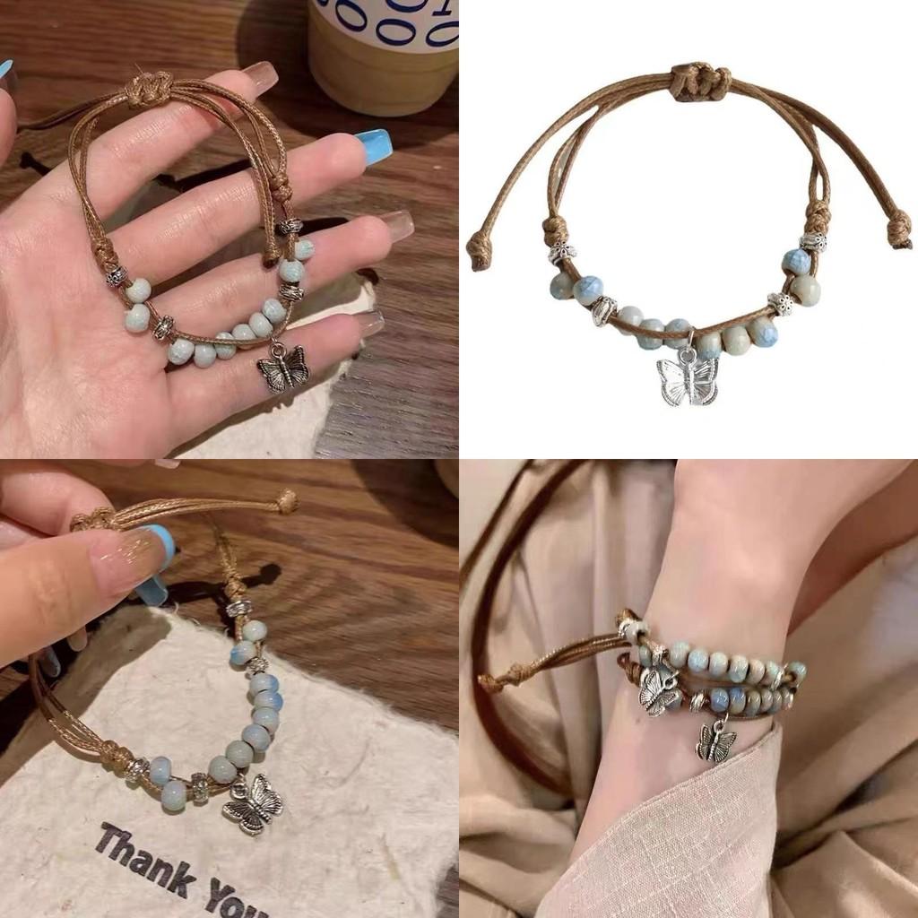 Vintage Style Ceramic Beaded Bracelet With Butterfly Design Adjustable Handmade