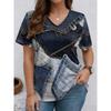 Summer Casual Fashion Imitation Denim Print V-neck Short Sleeved Commuting Versatile T-shirt