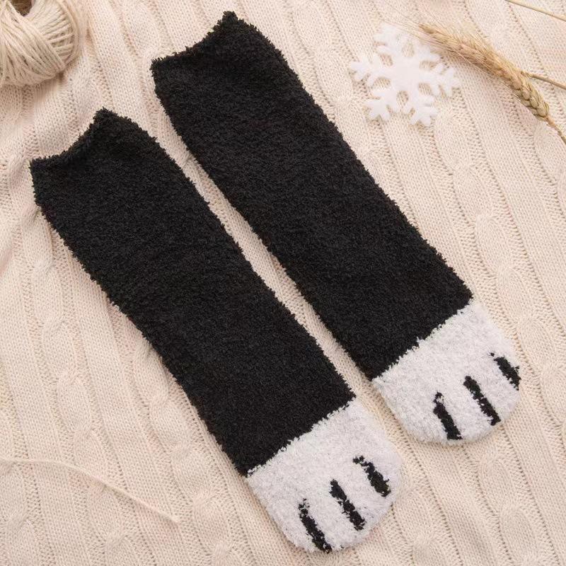 

Adorable Womens Coral Fleece Socks Winter Cat Paw Print Thick Warm Mid Calf Sleeping Socks For Indoors 1Pairs