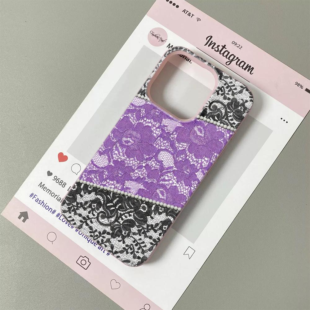 Dual Tone Lace Phone Case for iPhone 17 16 15 14 Plus 13 12 11 Pro Max Purple Black TPU Fashion Protective Cover