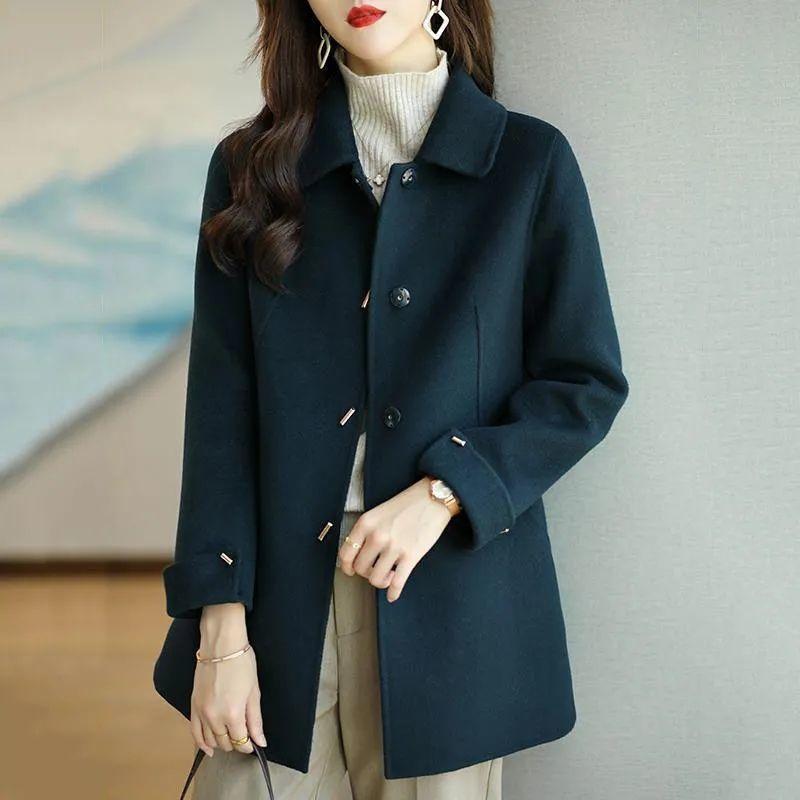 

Woolen Coat Women Jacket Windbreakers Overcoat Loose Fashion Office Lady Single Breasted Pocket Autumn Winter M синій