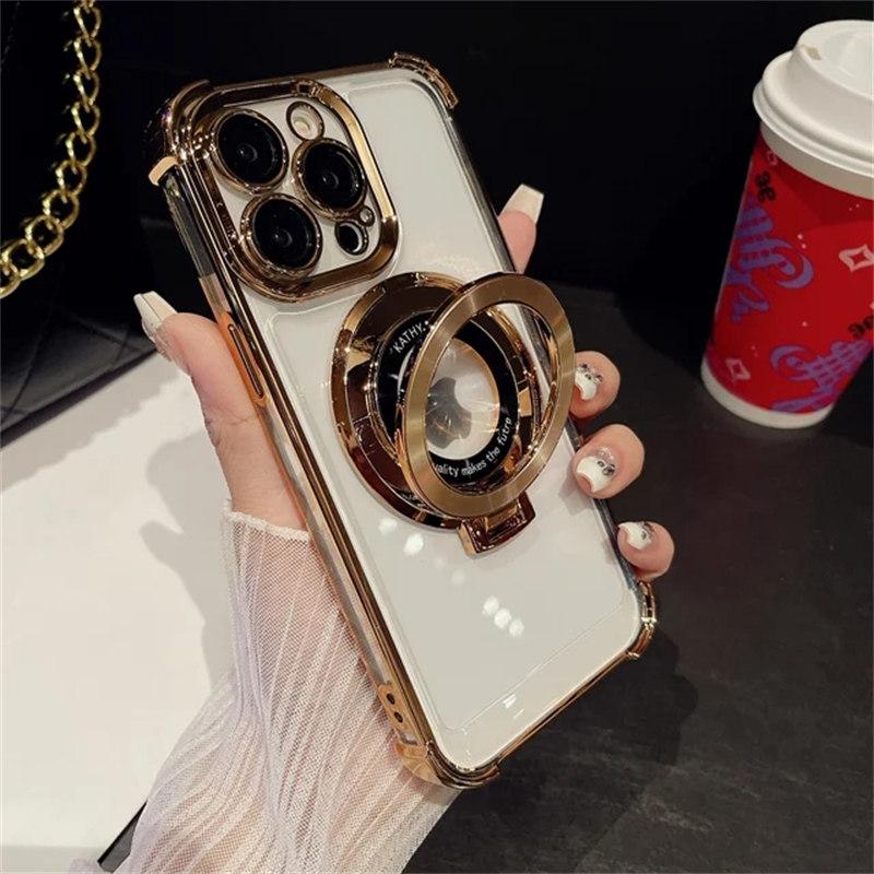 For iPhone 15 Pro Max Luxury Plating Frame Magsafe Magnetic Stand Phone Case For iPhone 11 12 13 14 15 Plus Lens Protective Cover