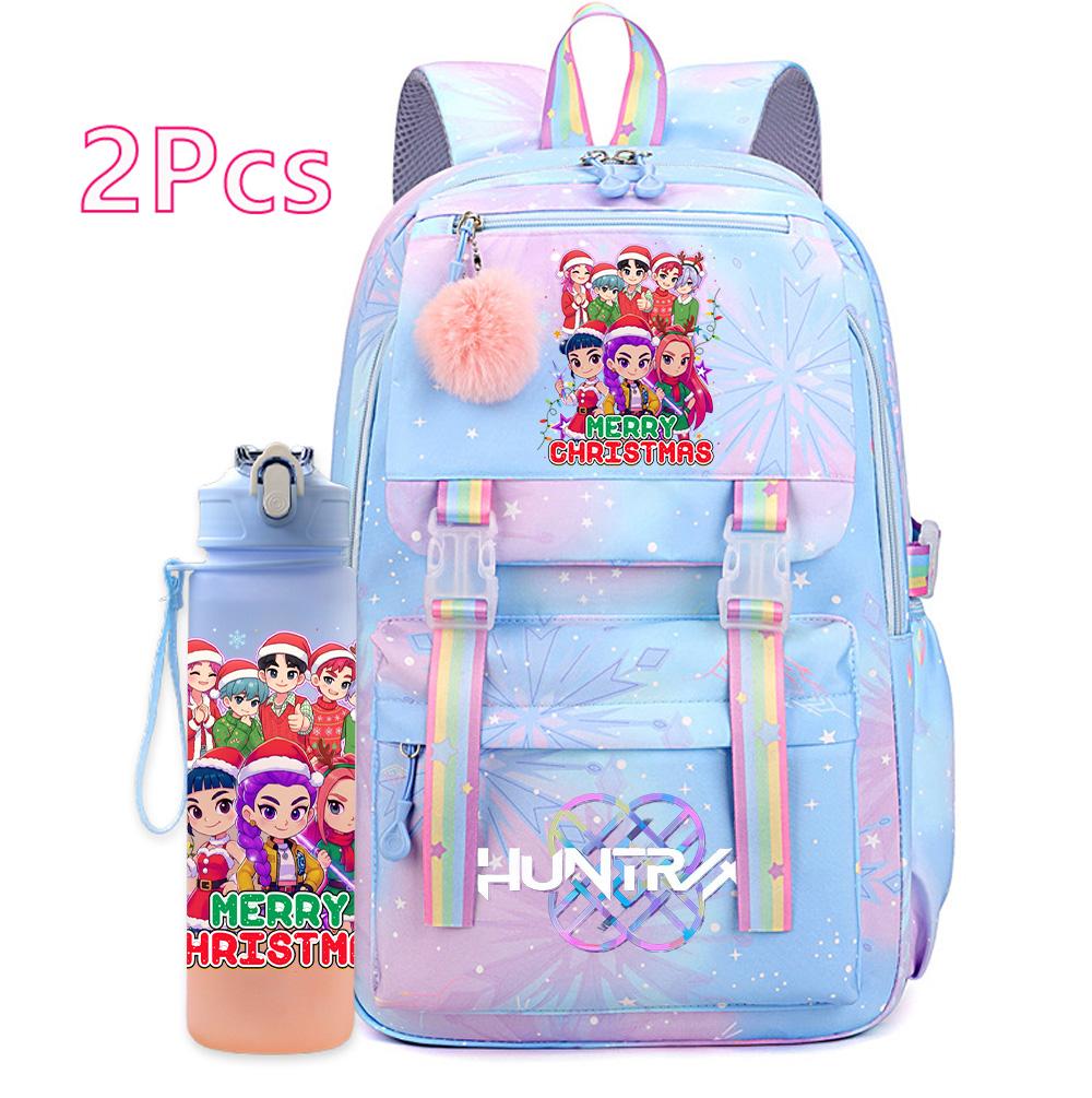 2Pcs/set Christmas K-pop Printed Backpack with 750Ml Water Bottler Large Capacity Travel Bag for Teenager Girl Boy Bookbag Kid Gift Large Capacity Bag