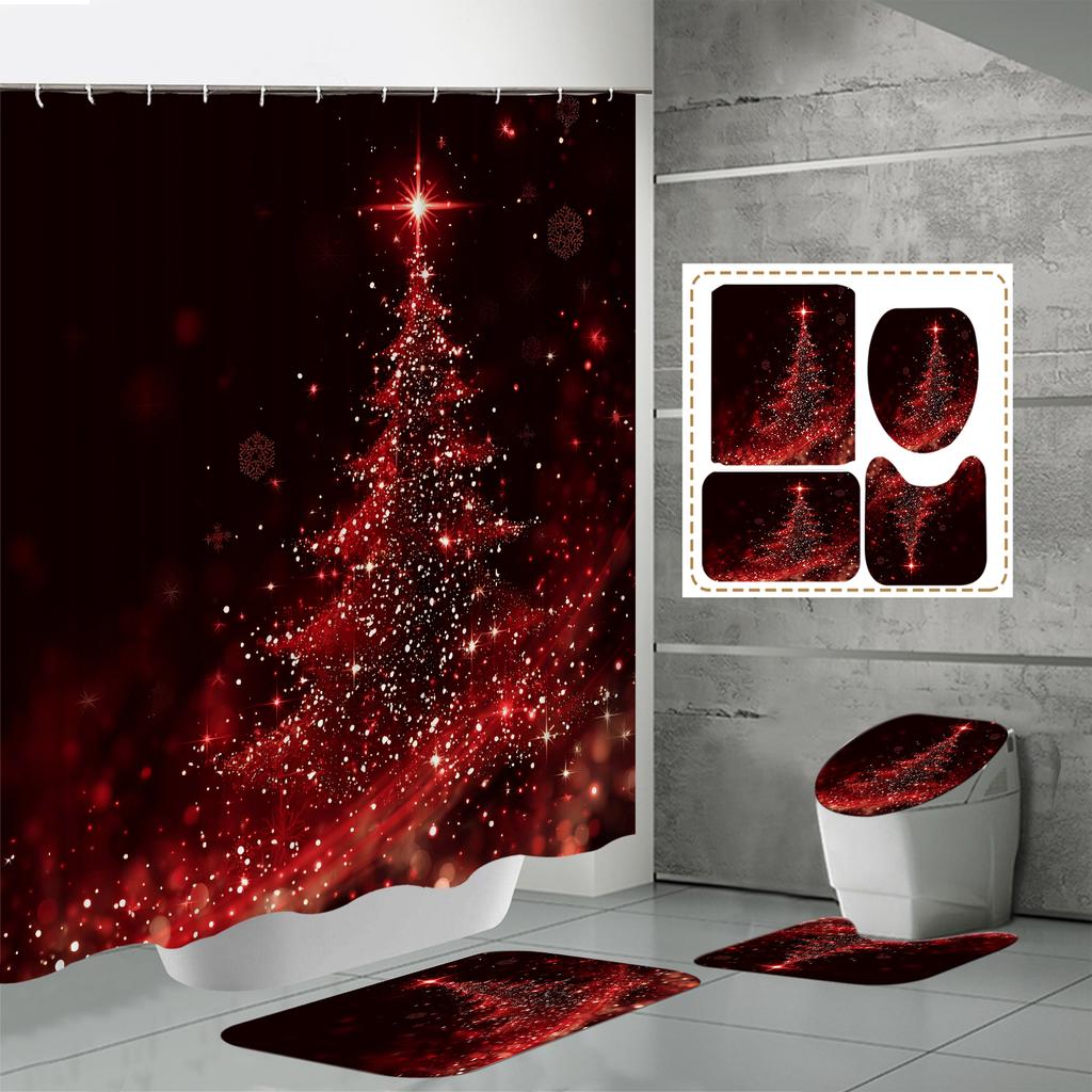 4PCS  Shower Curtain Sets With Shower Curtain And Rugs Toilet Lid Rug U Shape Mat And Bath Mat Bathroom Set  With 12 Hooks