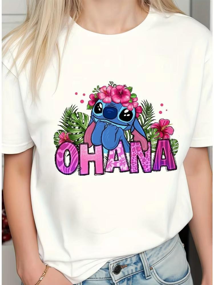 

2026 New Cartoon Stitch Ohana Fun Graphic Print High Quality Fashion Womens Loose Plus Size Short Sleeve S
