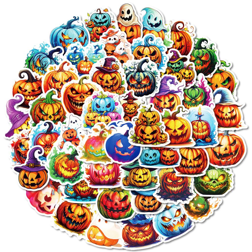 50pcs cartoon pumpkin Halloween decorative stickers, waterproof creative graffiti horror stickers, decorative gifts for kids