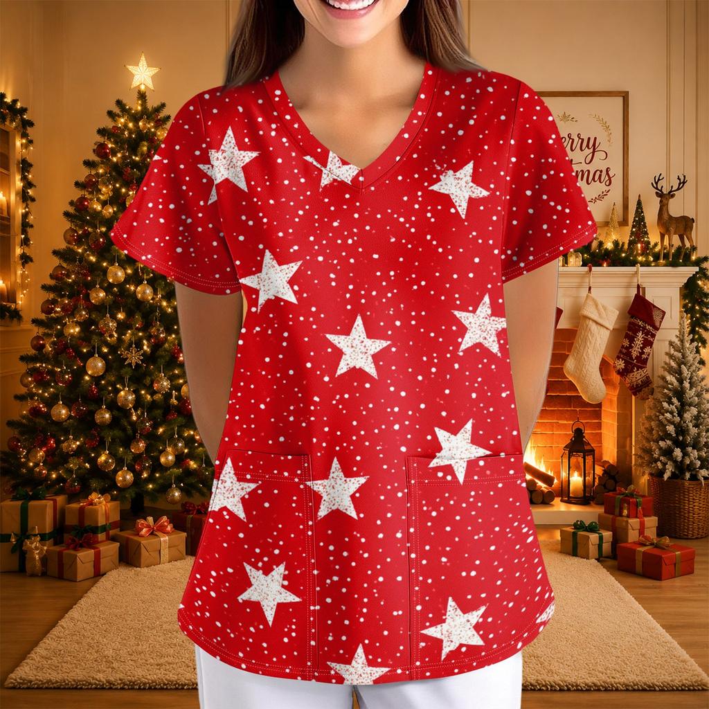 Damen Casual 3/4 Ärmel Hals Christmas Print Oberteil für Weihnachtsfeiern