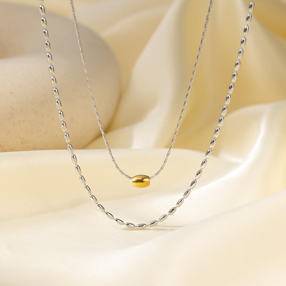 

2025 new golden rice grains double-layer contrasting color Passepartout bucket beads collarbone chain necklace female tide