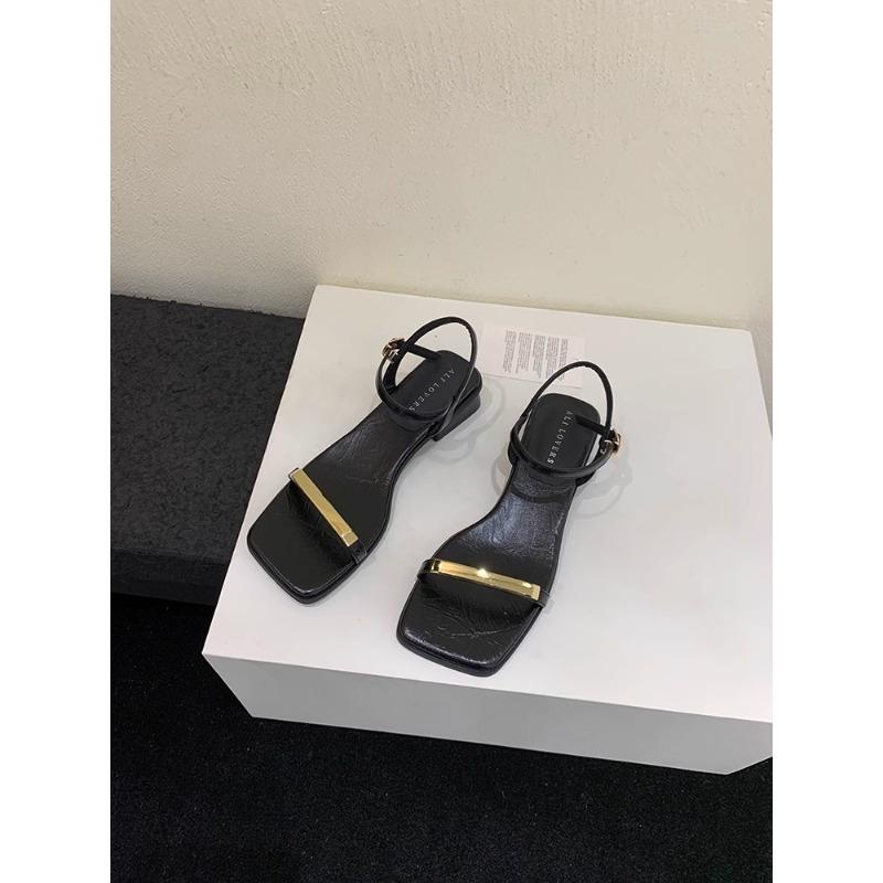 Fashion open-toed square heel with sandals women s summer new metal jewelry casual middle heel work shoes 39 чёрный 2990₽