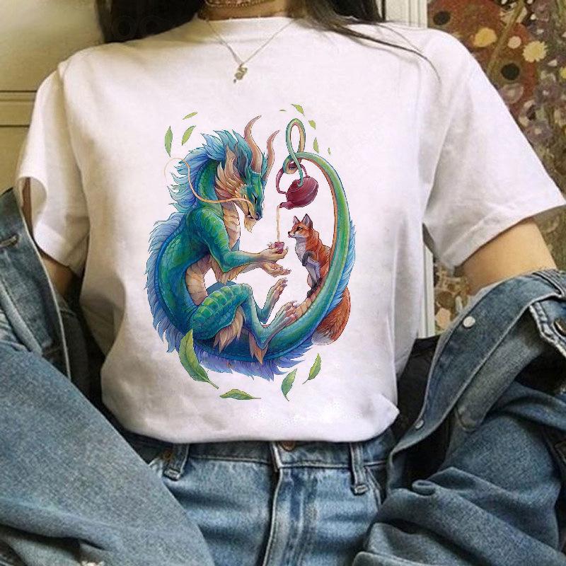 Fox Cartoon Print T Shirt Women Harajuku Casual Funny T Shir Women Clothing Tops Aesthetic Clothes Graphic T Shirts