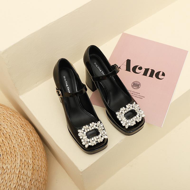 

3359-11 square head word with high heels women s summer new fashion square buckle rhinestone thick heel single shoes women s shoes 40 чёрный