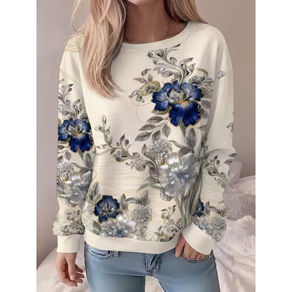 Women's Vintage Floral Print Crew Neck Sweatshirt, Snowflake Long Sleeve Pullover Casual Loose No Hood Sweatshirt
