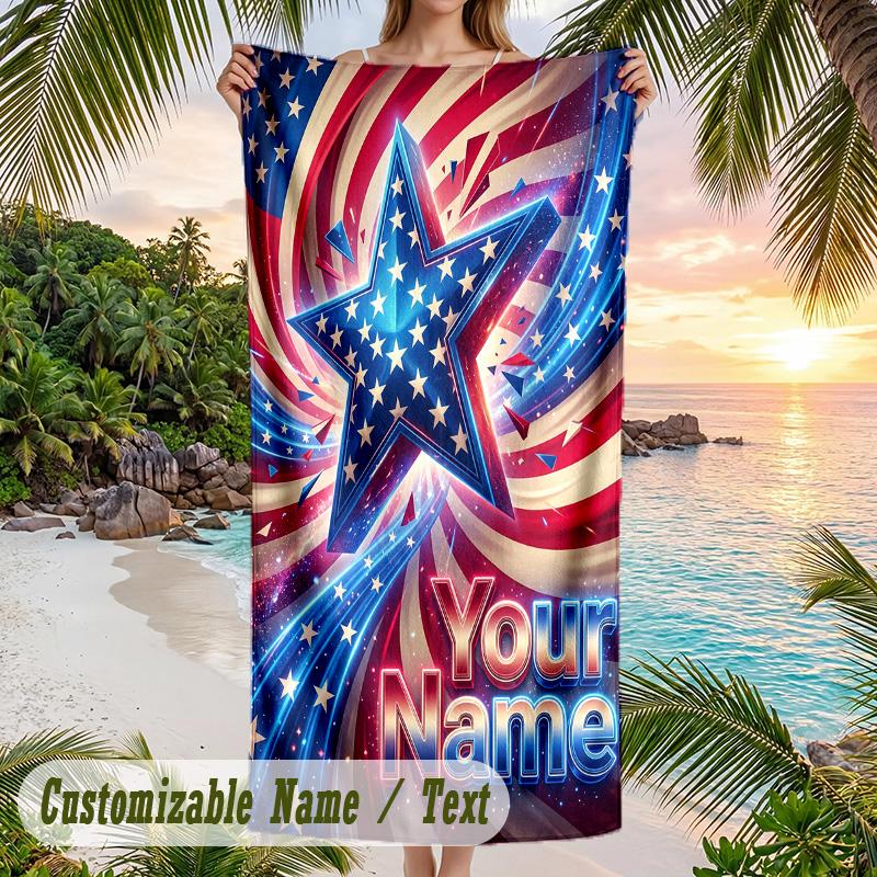 American Patriotic Theme Beach Towel Personalized Custom Name & Text Soft Quick Dry Beach Towel for Swimming Travel