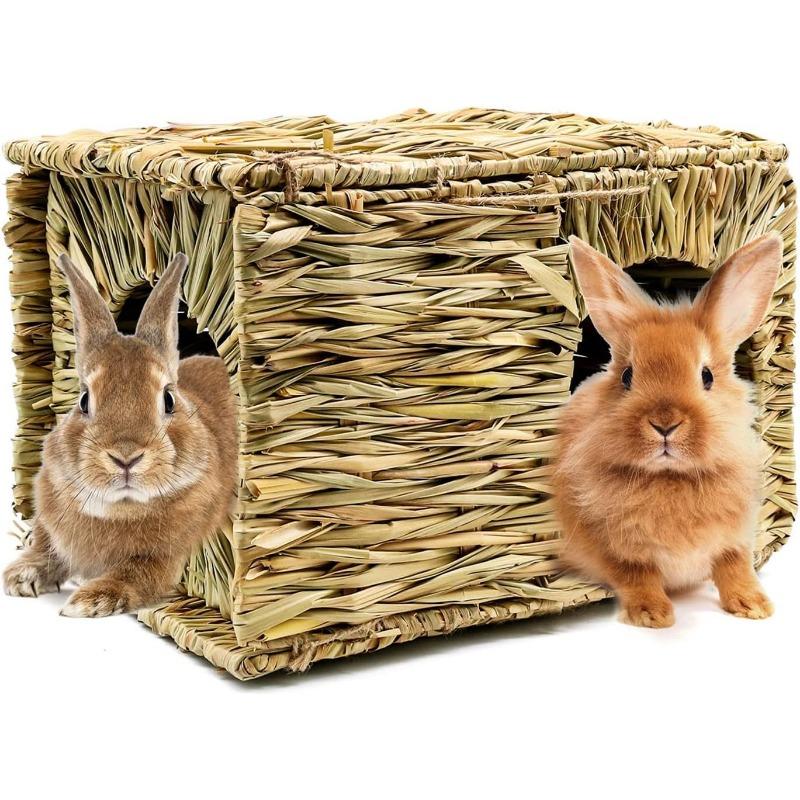 Grass House for Rabbit Foldable Woven Rabbit Cages Hamster Guinea Pig Grass Chew Toy Mat House Bed Nests for Animal Accessories