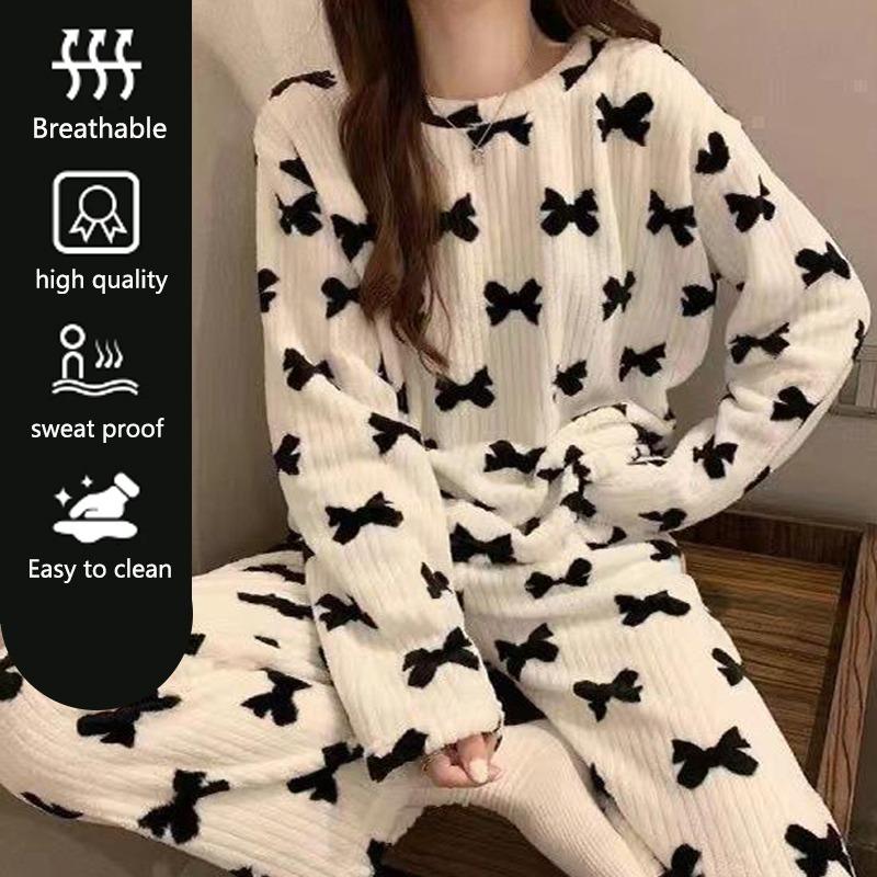 Thickened Warm Coral Velvet Pajamas Loungewear Female Autumn and Winter Long-Sleeved Bow Tie Padded Women's Nightwear Home Wear