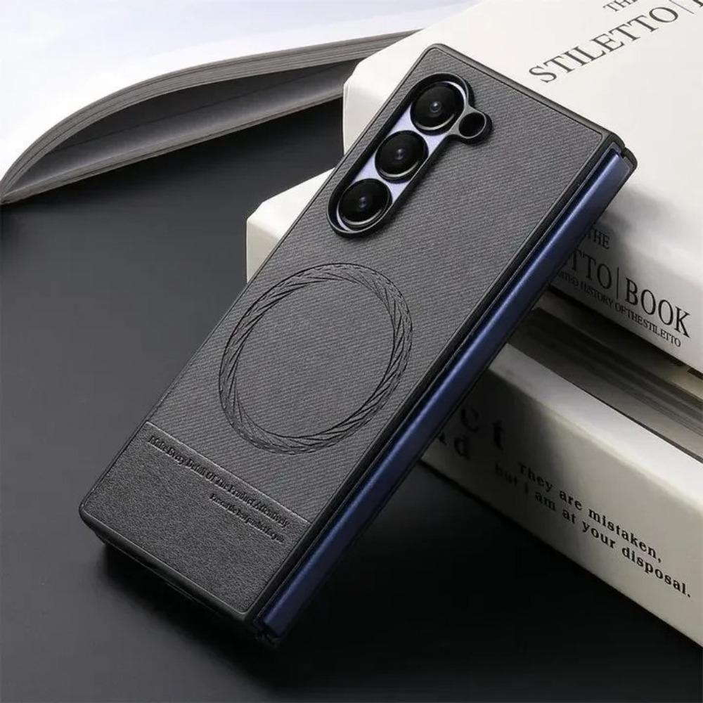 Samsung Galaxy Z Fold 7 6 5 4 3 Wireless Charging Leather Shockproof Protect Back Cover Simple Business Magnetic Phone Case