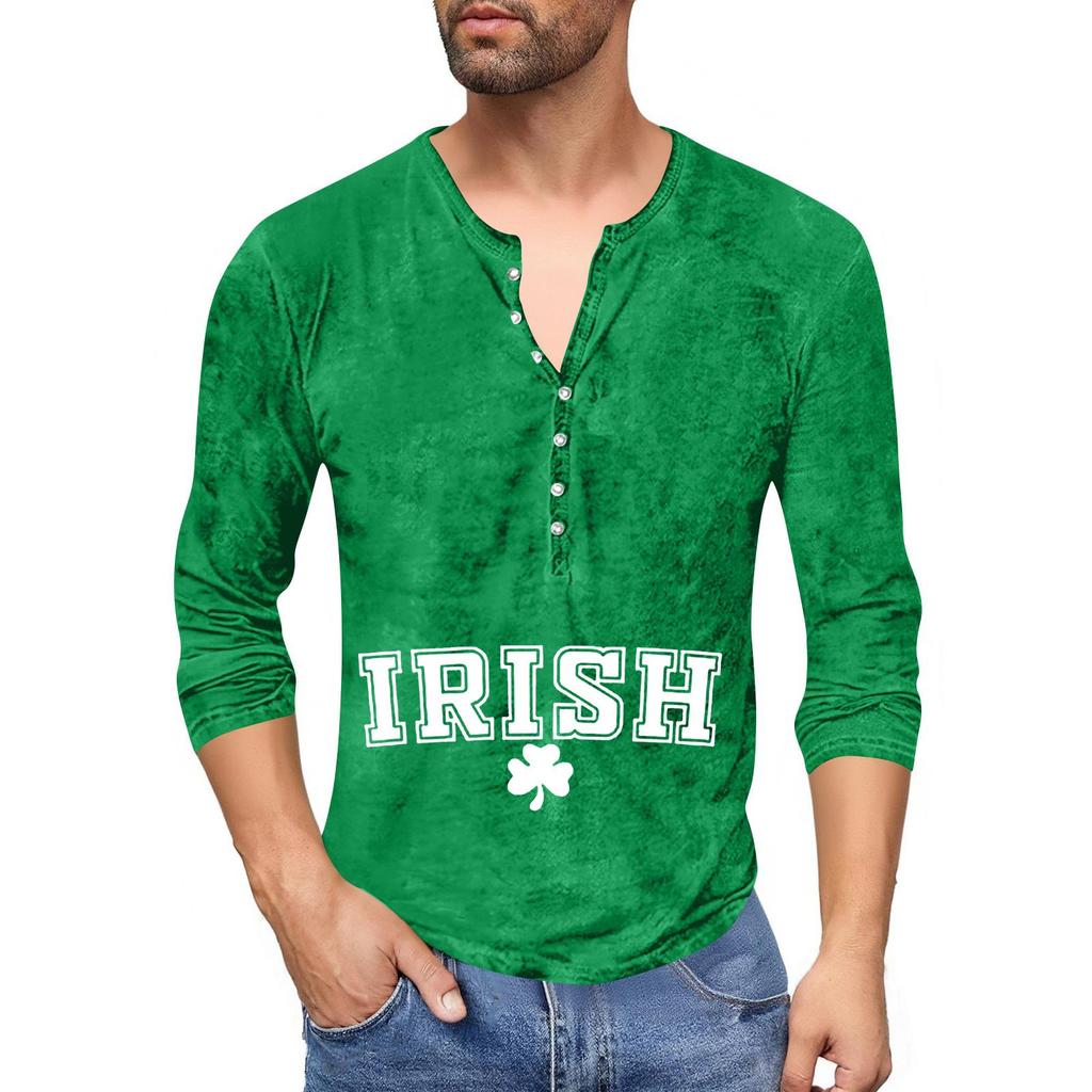 Men'S Printed T-Shirt Outdoor Retro Button Loose Long Sleeve Top