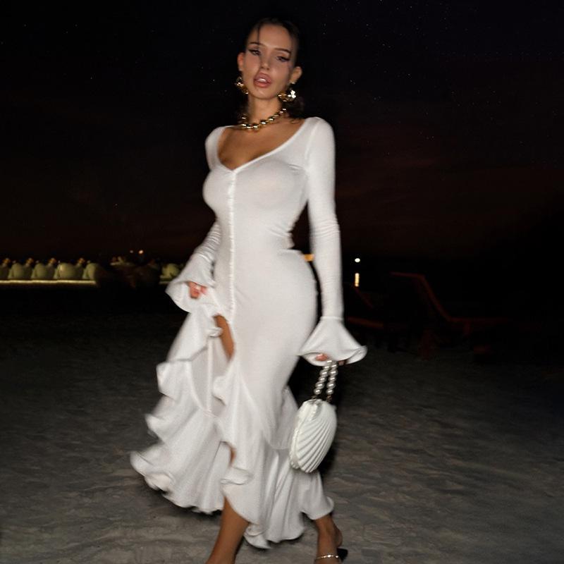 2025 Summer Sexy V-neck Flare Sleeve Ruffle Slit Dress for Women