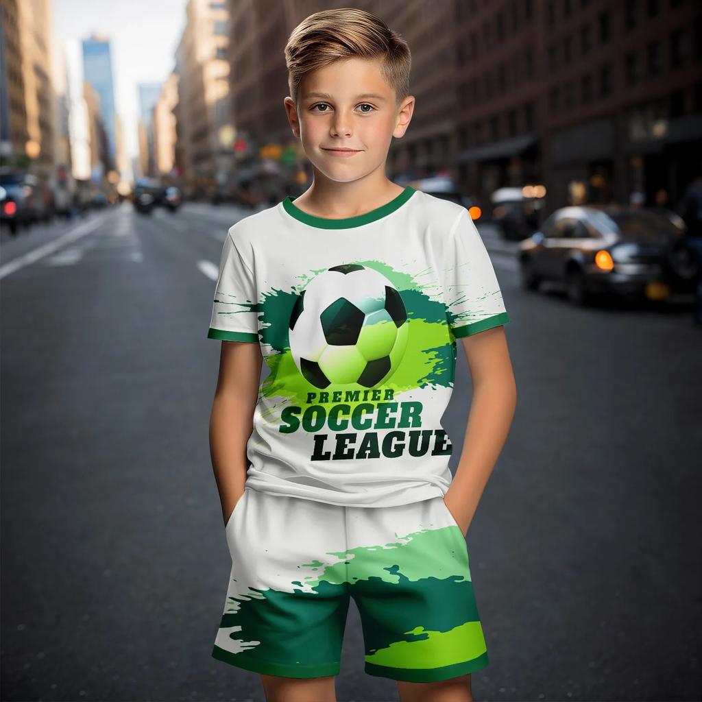 New 3D Football Printed Children's Sleeved Shorts Set Children's 2-piece Set Outdoor Casual Set