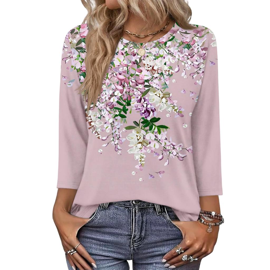 343/4 Sleeve Shirts For Women Cute Print Graphic Tees Blouses Casual Plus Size Basic Tops Pullover