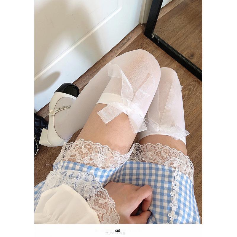 White Knee-High Socks – College Style JK Black Stockings with Bow
