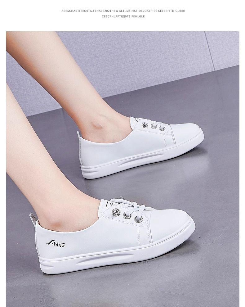 Women's Genuine Leather Slip-On White Sneakers: Low-Cut, Versatile, Trendy Summer Style.