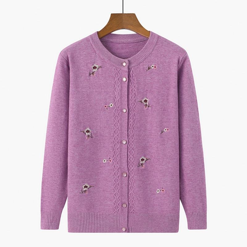 Middle-aged Round Neck Embroidered Cardigan Middle-aged and Elderly Women s Buttoned Sweater Tops New Autumn Styles L