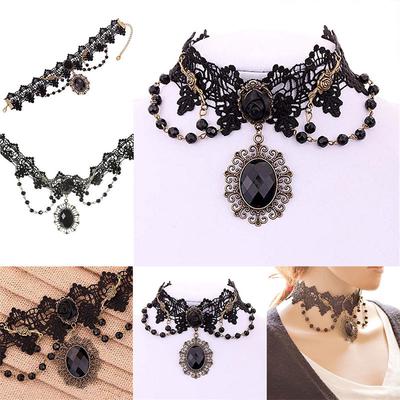 Lolita Gothic Black Rose Flower Lace Choker Collar Naszyjnik Koraliki Łańcuch