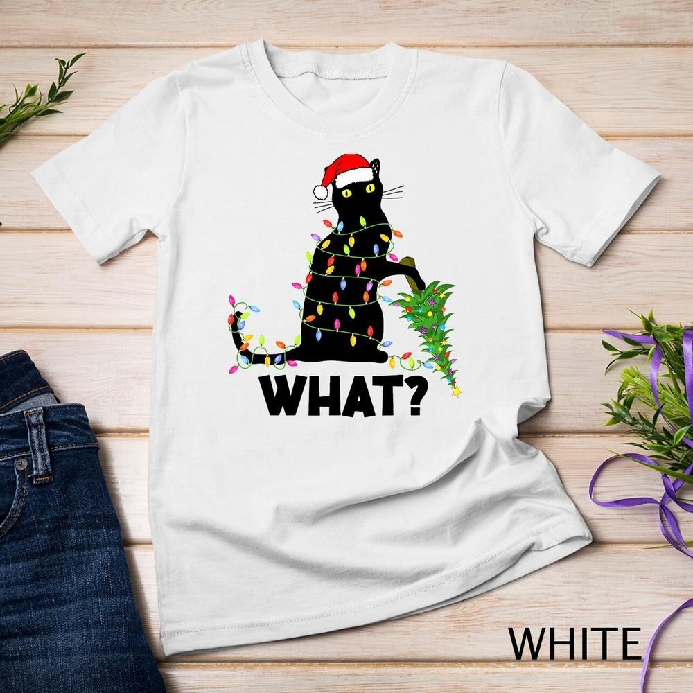 

Funny Black Cat Pushing Christmas Tree Over Cat Christmas T-Shirt Unisex T-shirt S
