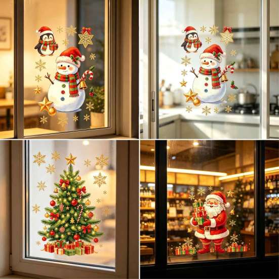 Winter Home Decor Christmas Window Clings, Cute Santa Claus Snowman Xmas Tree Stickers, Wall Stickers PVC Static Glass Decal for Living Room, Bedroom