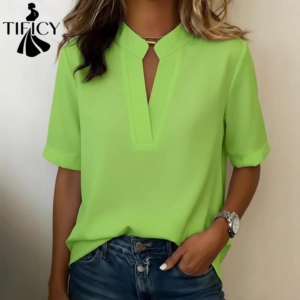 TIFICY Women's Fashion Casual Summer Spring Solid Color Print Short Sleeve V-Neck Blouses & Shirts