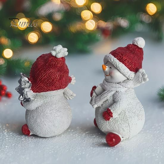 Snowman Collectibles for Christmas 2Pcs Figurine, Cute Tabletop Decor, Resin Snow Statue with Indoor Countertop Displays Knit Hat Scarf Home