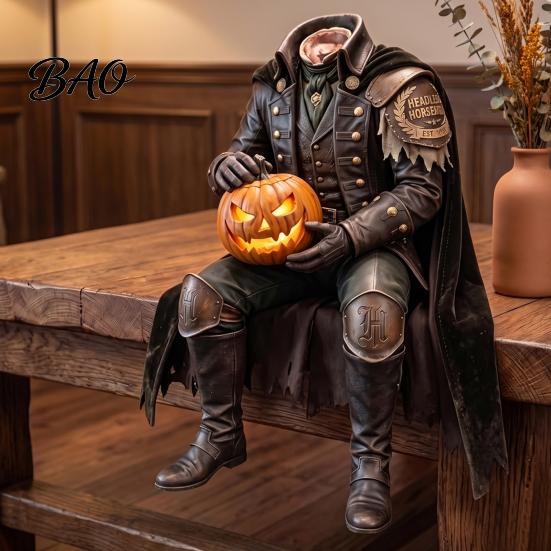 Headless Horseman Statue Resin with LED Warm Glow, Lighted Halloween Horror Figurine Sculpture, Gothic Tabletop Decor for Mantel Bookshelf And