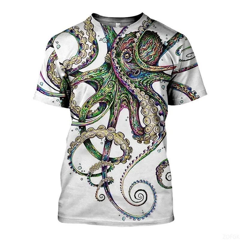 Tentacle Organism Pattern T-Shirt For Men Retro Ocean Animal 3D Printed T Shirts Loose Tees Round Neck Street Tops Short Sleeves