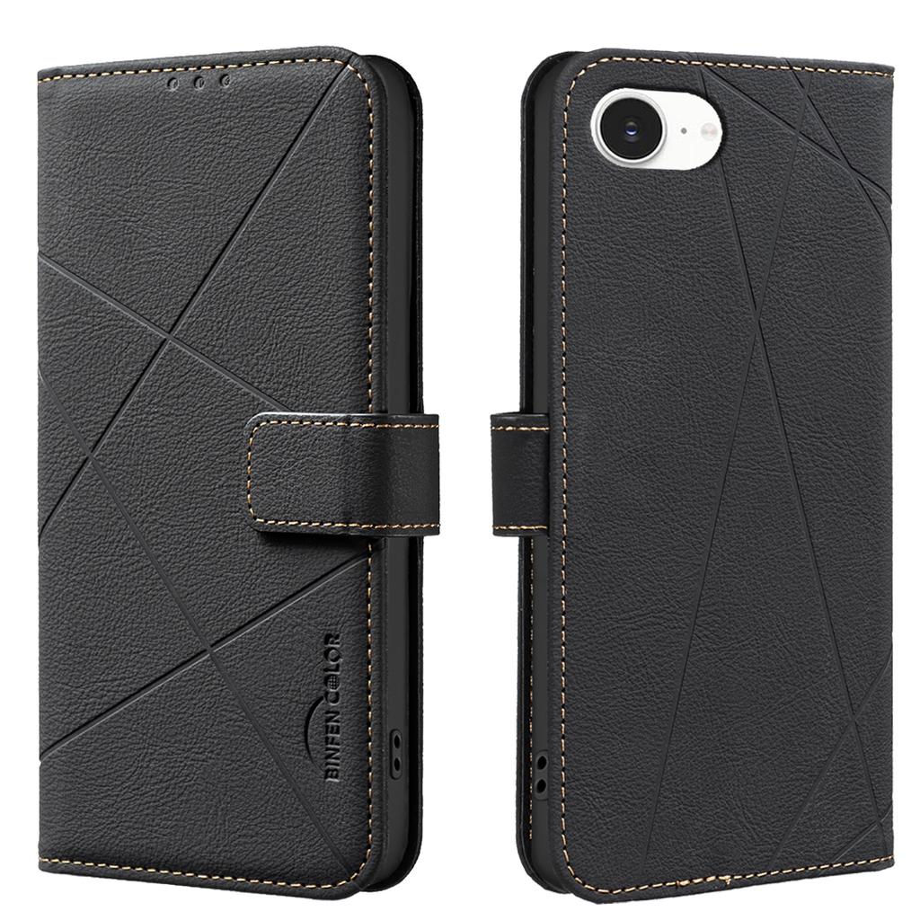 For iPhone 16e Case BINFEN COLOR BF35 Geometry Imprinted Leather Phone Cover RFID Blocking Wallet Stand
