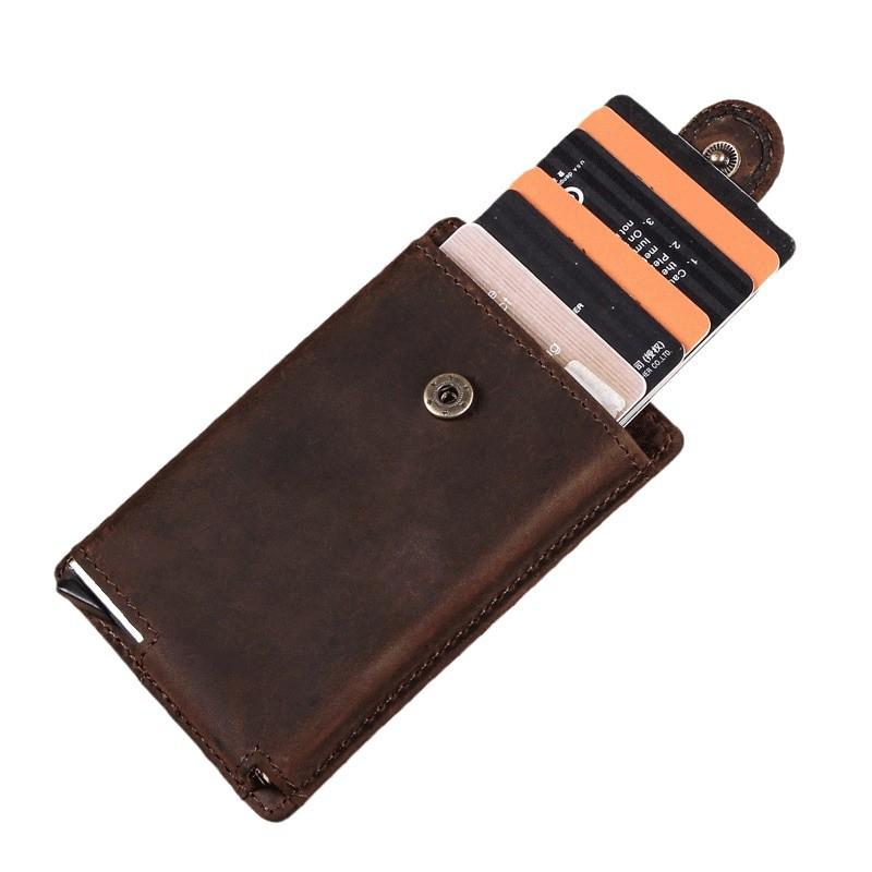 Black Angel FRID Vintage Crazy Horse Leather Automatic Card Holder with Buckle - Genuine Leather Wallet.