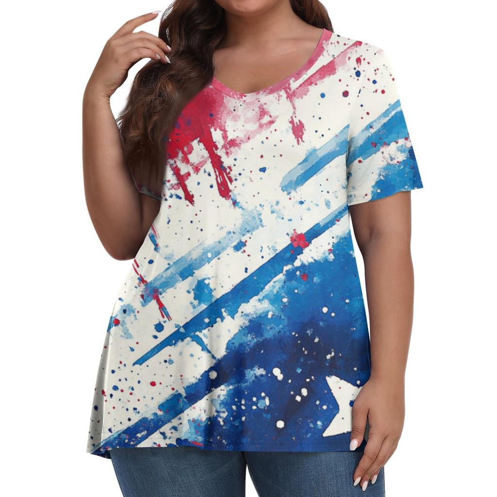 Women's Fashion Casual V-Neck Pullover Short Sleeve Large Size Independence Day Printed T-Shirt Top