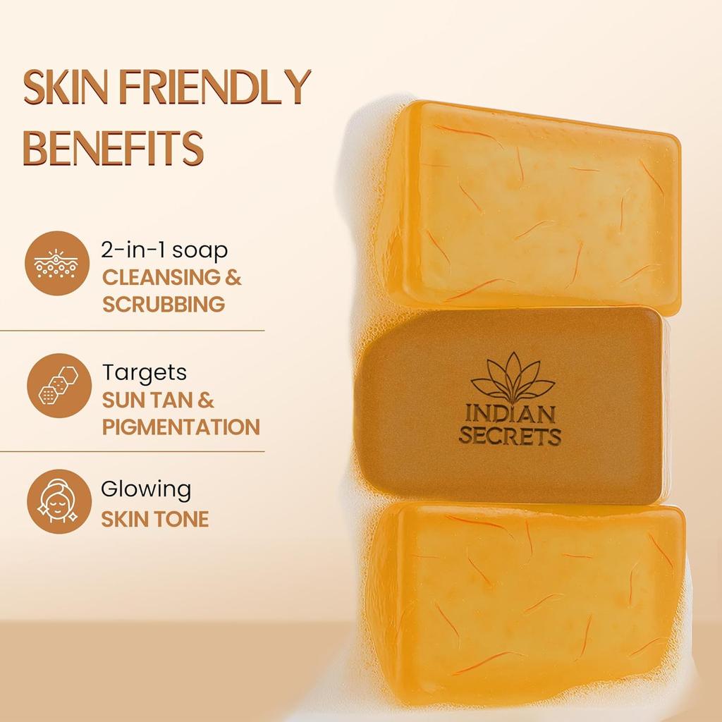 Kojic Acid & Saffron Detan Scrub Soap | Skin Brightening & Tan Removal Bathing Soap for Men & Women | Turmeric & Niacinamide (Pack of 3)
