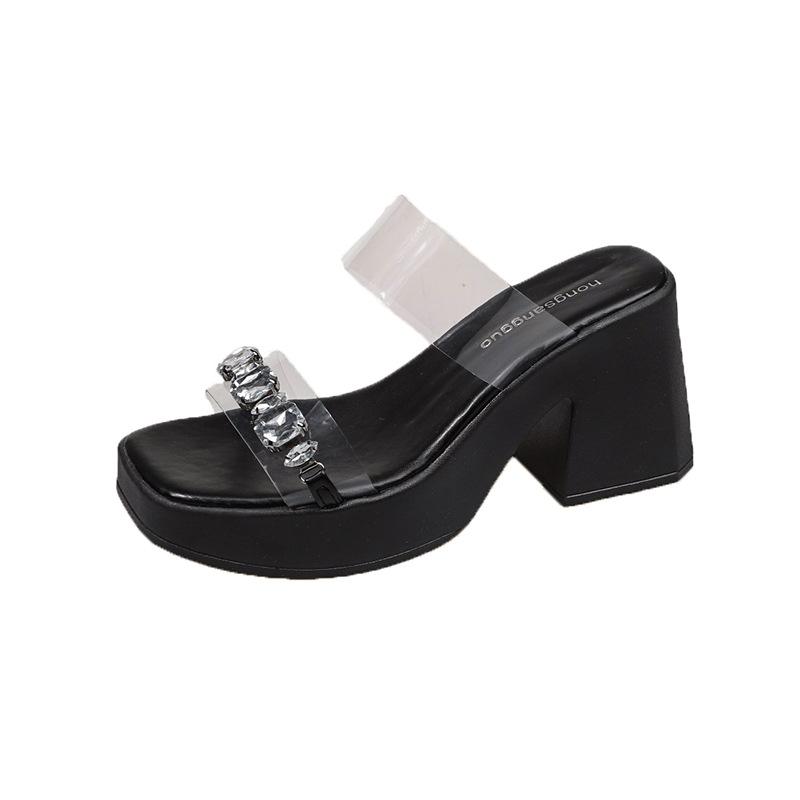 Transparent High Heels Cool Slippers Women's 2025 Outer Wear Crystal Thick Heel French Temperament One-word Women's Slippers