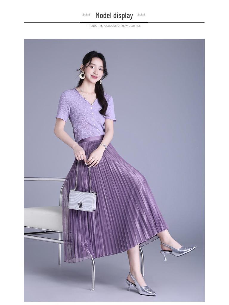 Solid Color High-Waisted Pleated Lurex Mesh Midi Skirt